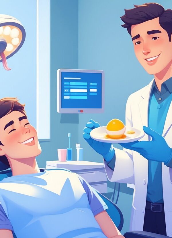 Paciente sentado em cadeira odontológica recebendo orientação do dentista sobre alimentação após extração do dente do siso.