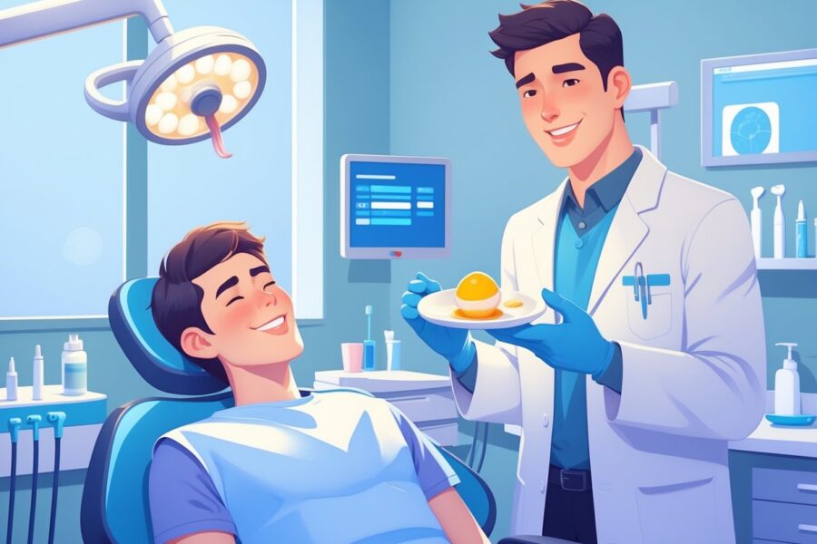 Paciente sentado em cadeira odontológica recebendo orientação do dentista sobre alimentação após extração do dente do siso.