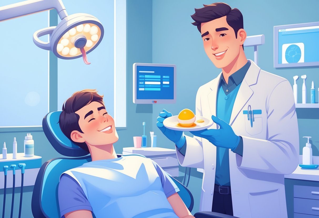 Paciente sentado em cadeira odontológica recebendo orientação do dentista sobre alimentação após extração do dente do siso.