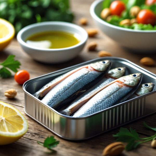 Uma lata aberta de sardinhas cercada por ingredientes frescos como fatias de limão e salsa, com uma salada ao fundo.