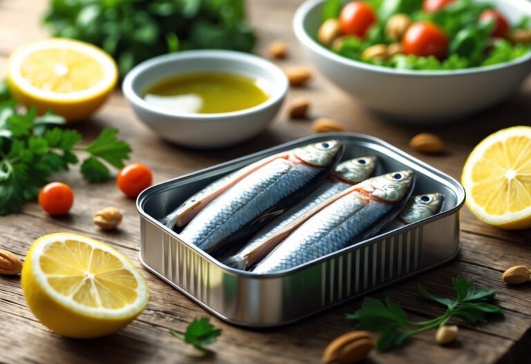 Uma lata aberta de sardinhas cercada por ingredientes frescos como fatias de limão e salsa, com uma salada ao fundo.