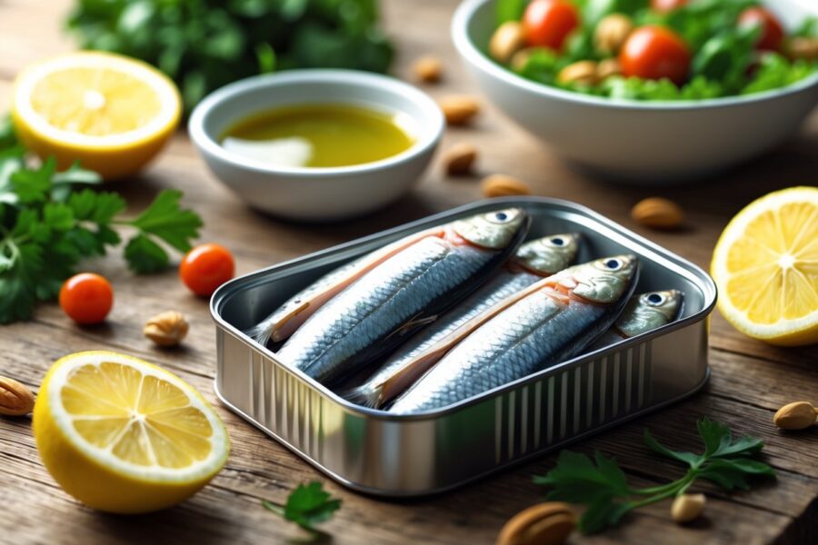 Uma lata aberta de sardinhas cercada por ingredientes frescos como fatias de limão e salsa, com uma salada ao fundo.
