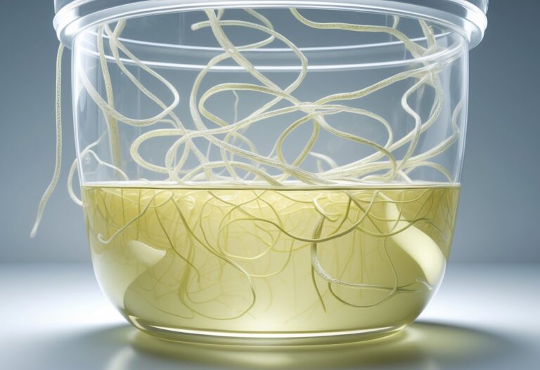 Ilustração mostrando filamentos de muco flutuando em urina dentro de um recipiente transparente.