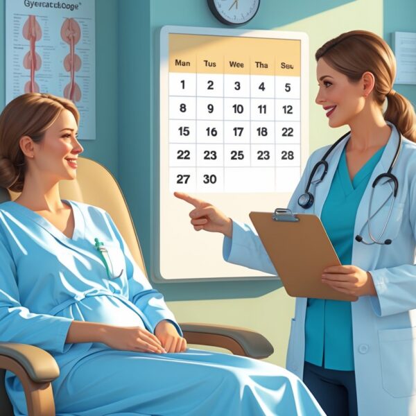 Mulher sentada em consultório médico conversando com médica sobre recuperação após laqueadura, com calendário na parede mostrando passagem do tempo.