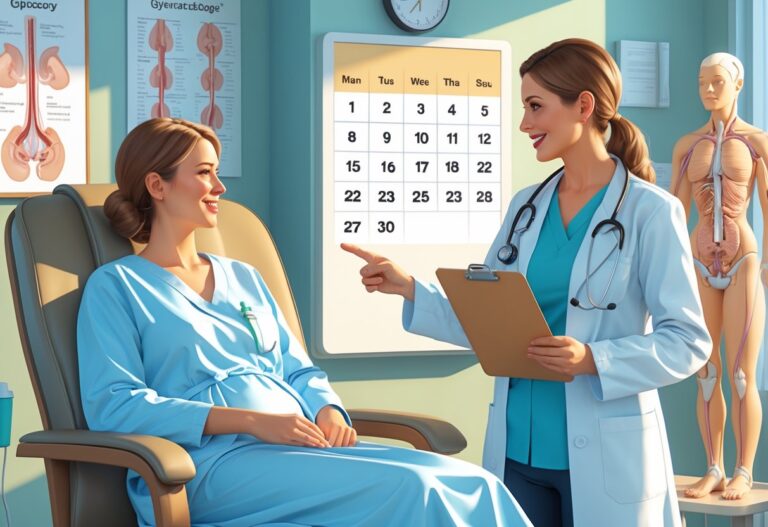 Mulher sentada em consultório médico conversando com médica sobre recuperação após laqueadura, com calendário na parede mostrando passagem do tempo.