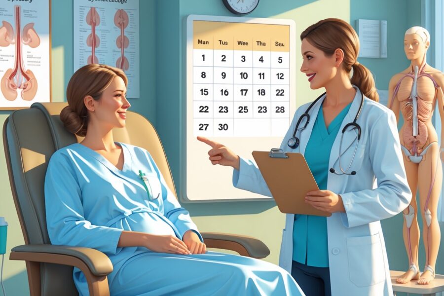 Mulher sentada em consultório médico conversando com médica sobre recuperação após laqueadura, com calendário na parede mostrando passagem do tempo.