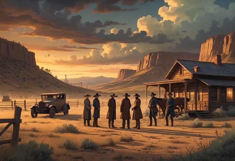 Cena mostrando pessoas vestidas com roupas dos anos 1920 em uma paisagem montanhosa com uma casa de madeira, carros antigos e cercas, ao pôr do sol.