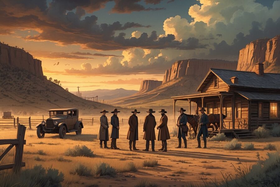 Cena mostrando pessoas vestidas com roupas dos anos 1920 em uma paisagem montanhosa com uma casa de madeira, carros antigos e cercas, ao pôr do sol.