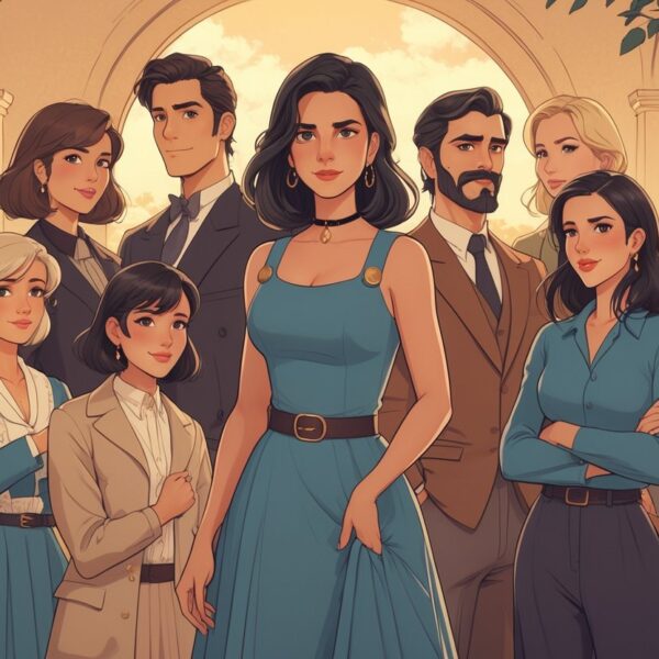 Um grupo diversificado de personagens reunidos, com uma mulher central de aparência confiante e misteriosa, cercada por outras pessoas com expressões variadas, em um ambiente acolhedor e atemporal.