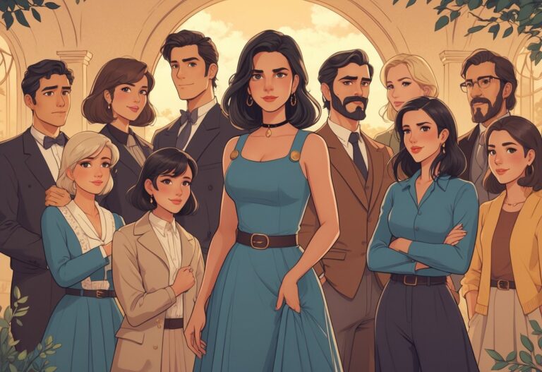 Um grupo diversificado de personagens reunidos, com uma mulher central de aparência confiante e misteriosa, cercada por outras pessoas com expressões variadas, em um ambiente acolhedor e atemporal.