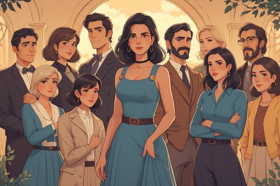 Um grupo diversificado de personagens reunidos, com uma mulher central de aparência confiante e misteriosa, cercada por outras pessoas com expressões variadas, em um ambiente acolhedor e atemporal.