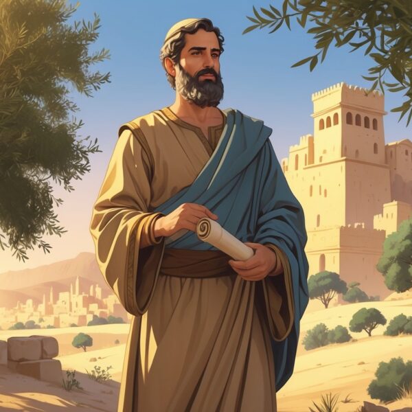 Homem bíblico chamado Atticus em roupas tradicionais, segurando um pergaminho, em uma paisagem desértica com uma cidade antiga ao fundo.