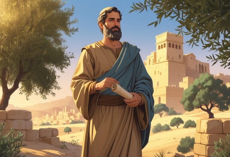 Homem bíblico chamado Atticus em roupas tradicionais, segurando um pergaminho, em uma paisagem desértica com uma cidade antiga ao fundo.