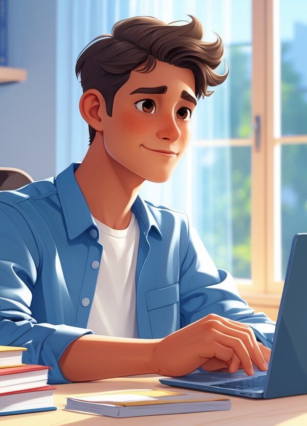 Um jovem chamado Tiago sentado em uma mesa com livros e um laptop, em um ambiente claro e moderno, transmitindo uma sensação de esperança e crescimento pessoal.