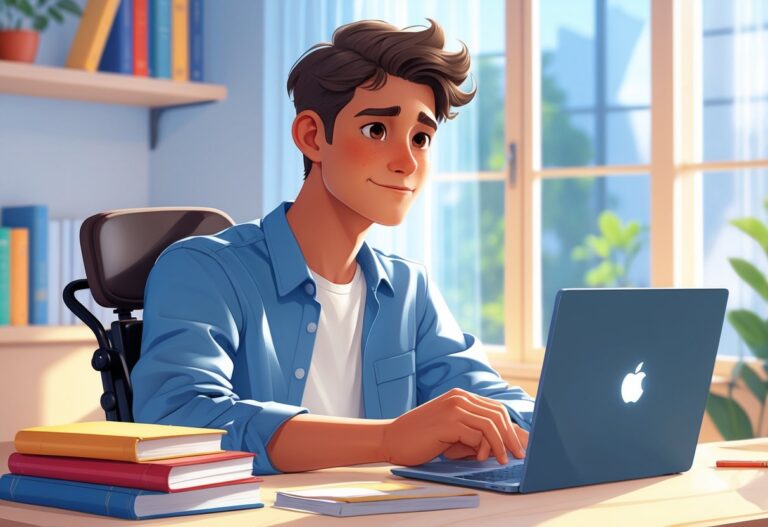 Um jovem chamado Tiago sentado em uma mesa com livros e um laptop, em um ambiente claro e moderno, transmitindo uma sensação de esperança e crescimento pessoal.