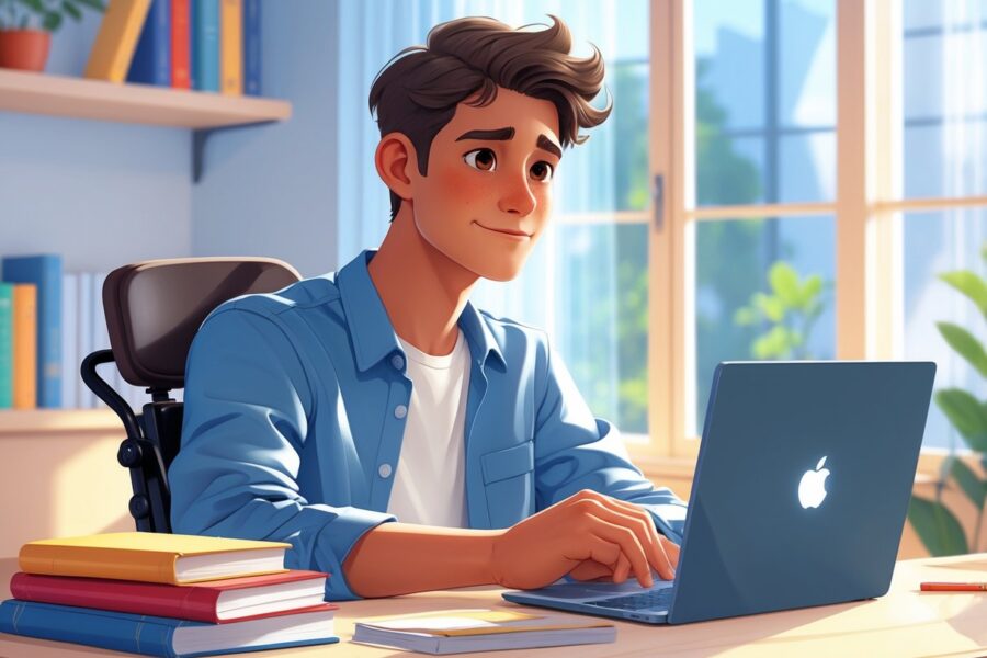 Um jovem chamado Tiago sentado em uma mesa com livros e um laptop, em um ambiente claro e moderno, transmitindo uma sensação de esperança e crescimento pessoal.