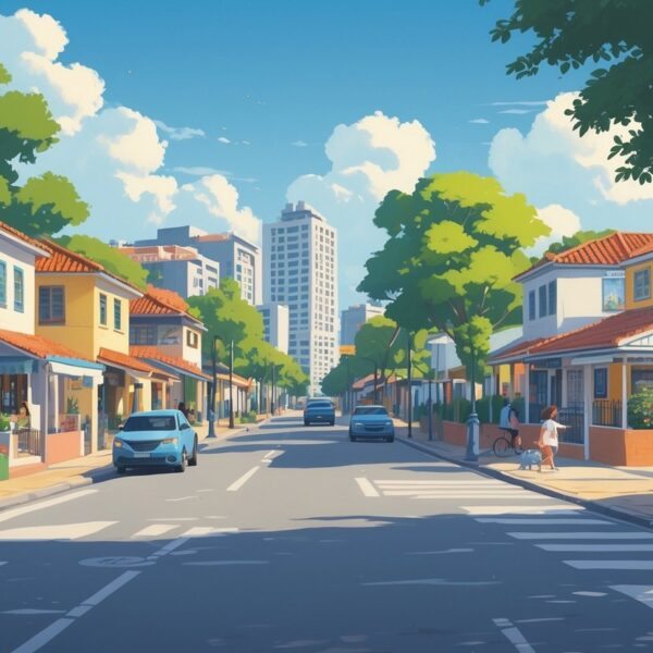 Vista de uma rua residencial na Vila Áurea, São Paulo, com casas coloridas, árvores, pessoas caminhando e um pequeno parque ao fundo.