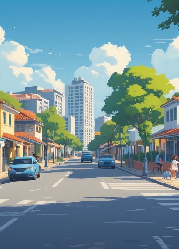 Vista de uma rua residencial na Vila Áurea, São Paulo, com casas coloridas, árvores, pessoas caminhando e um pequeno parque ao fundo.