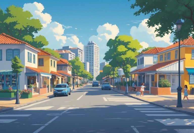 Vista de uma rua residencial na Vila Áurea, São Paulo, com casas coloridas, árvores, pessoas caminhando e um pequeno parque ao fundo.