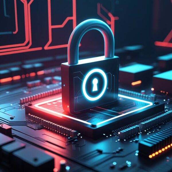 Ilustração de uma placa-mãe futurista com um cadeado brilhante simbolizando segurança, com elementos sutis inspirados no jogo Valorant ao fundo.