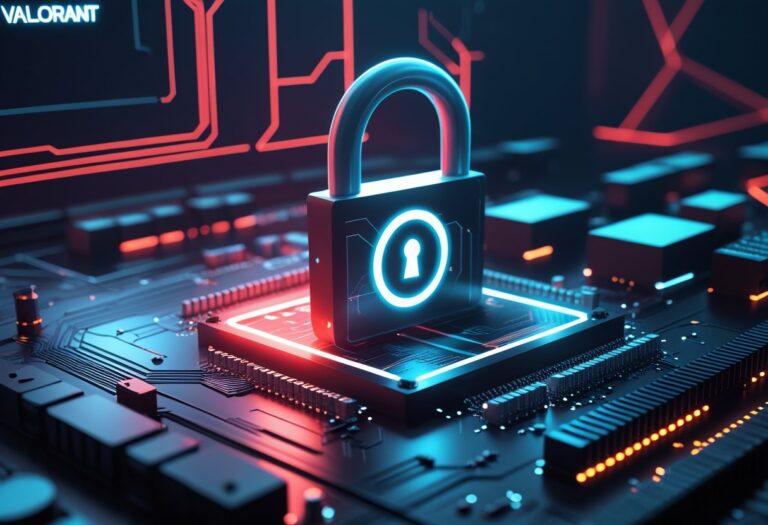 Ilustração de uma placa-mãe futurista com um cadeado brilhante simbolizando segurança, com elementos sutis inspirados no jogo Valorant ao fundo.