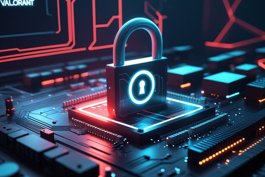 Ilustração de uma placa-mãe futurista com um cadeado brilhante simbolizando segurança, com elementos sutis inspirados no jogo Valorant ao fundo.