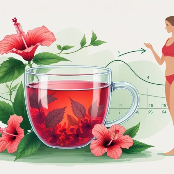 Uma xícara de chá de hibisco com flores ao redor e uma figura feminina mostrando perda de peso ao longo do tempo.