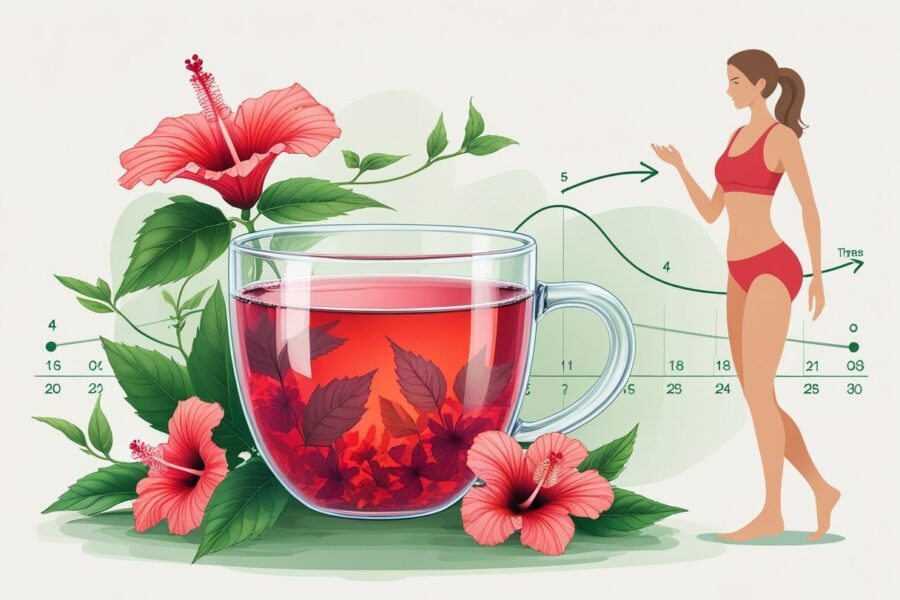 Uma xícara de chá de hibisco com flores ao redor e uma figura feminina mostrando perda de peso ao longo do tempo.