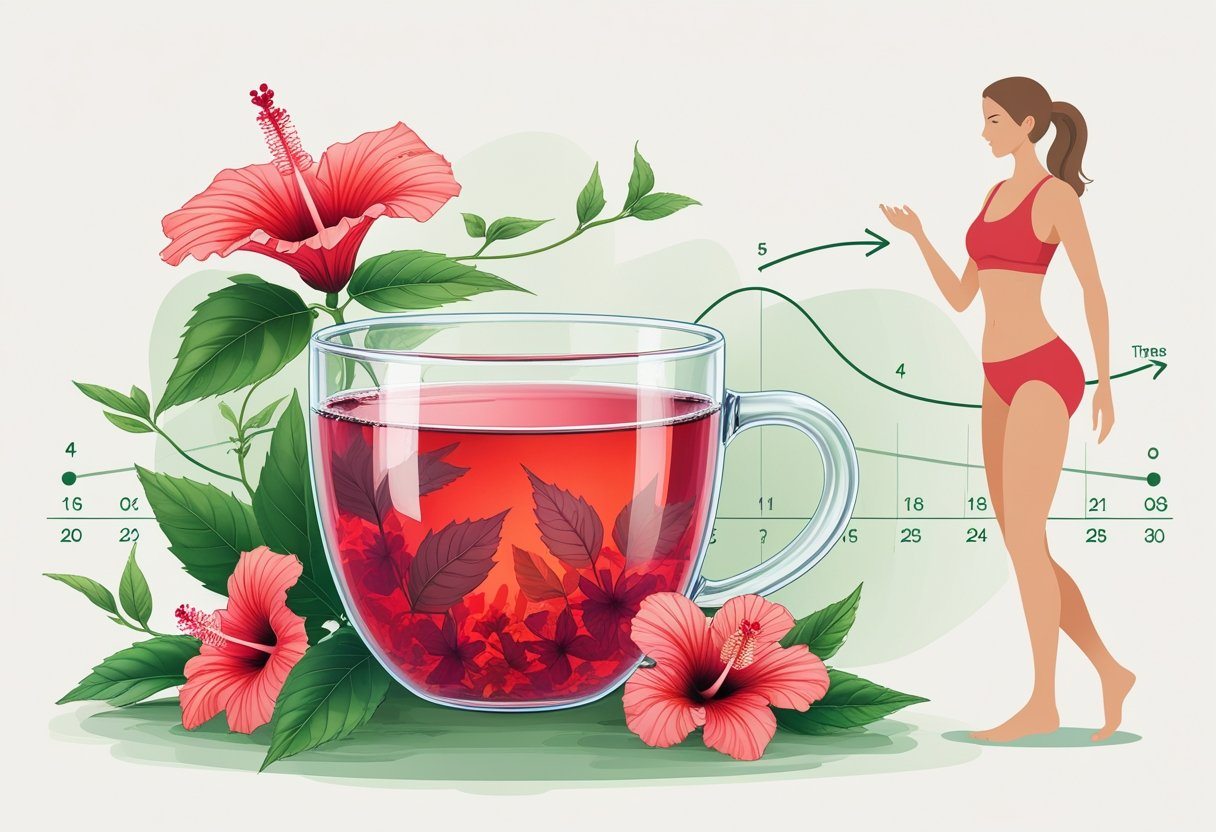 Uma xícara de chá de hibisco com flores ao redor e uma figura feminina mostrando perda de peso ao longo do tempo.