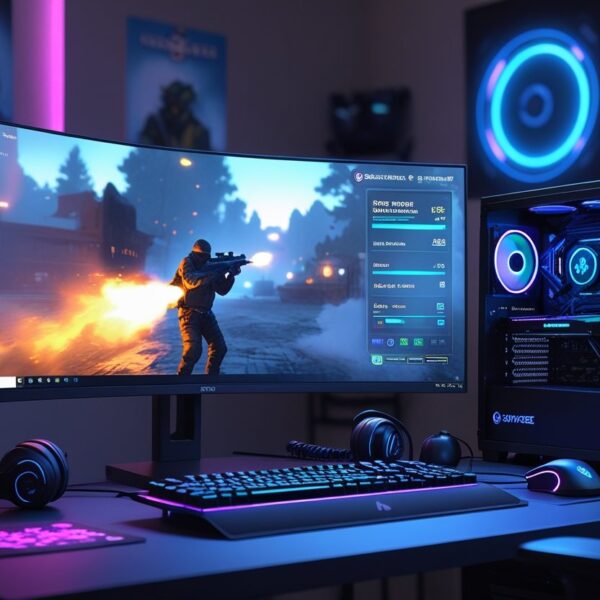 Setup de computador para jogos mostrando um monitor com o jogo Counter-Strike 2 e um contador de FPS visível na tela.