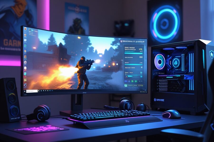 Setup de computador para jogos mostrando um monitor com o jogo Counter-Strike 2 e um contador de FPS visível na tela.