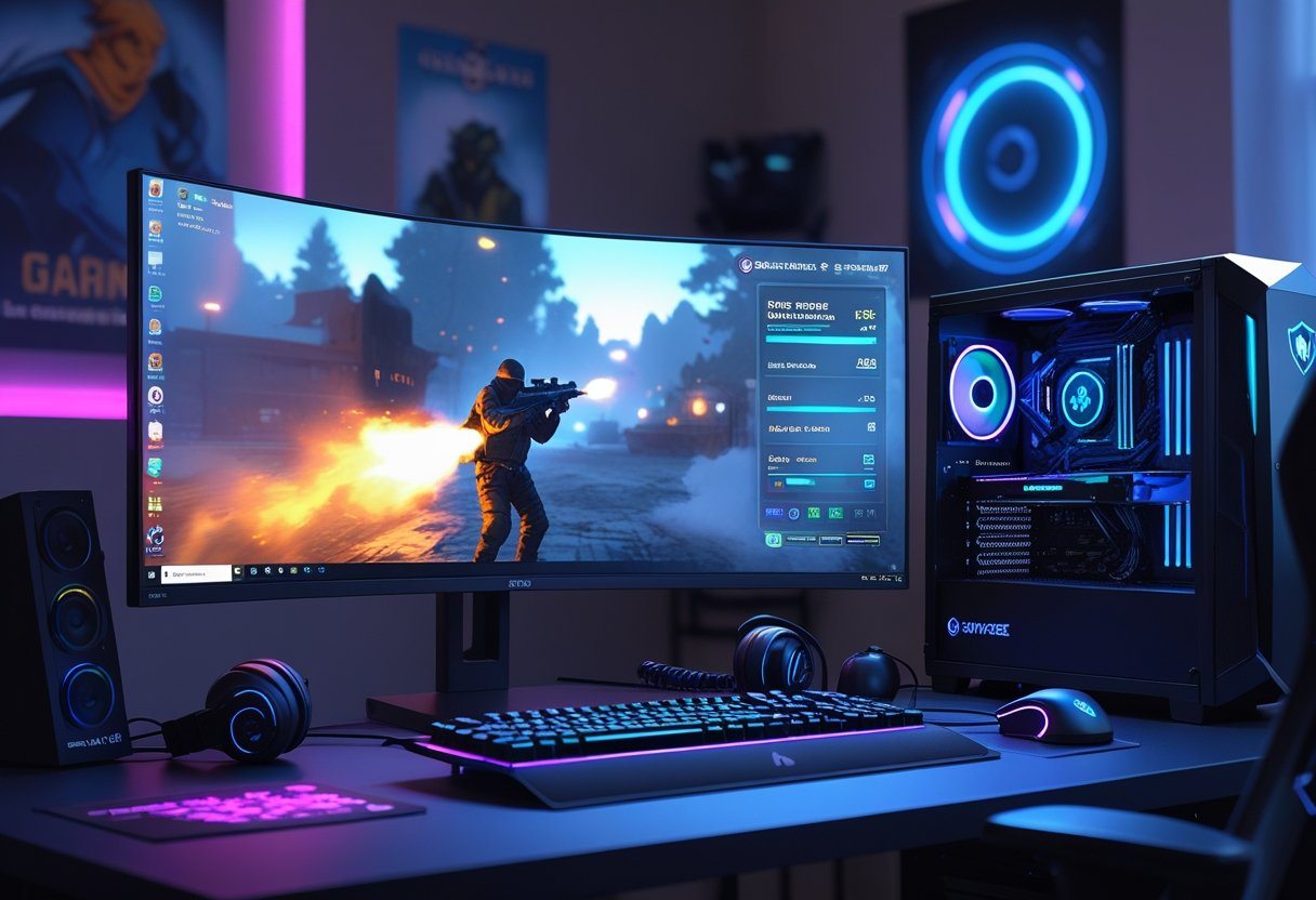 Setup de computador para jogos mostrando um monitor com o jogo Counter-Strike 2 e um contador de FPS visível na tela.