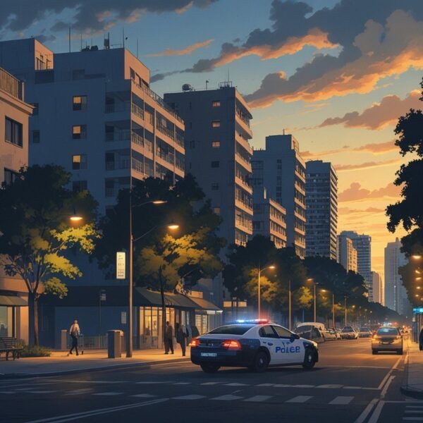 Cena da cidade de Nova Iguaçu ao entardecer, mostrando ruas, prédios residenciais, pessoas caminhando e um carro de polícia estacionado, transmitindo uma sensação de cautela.