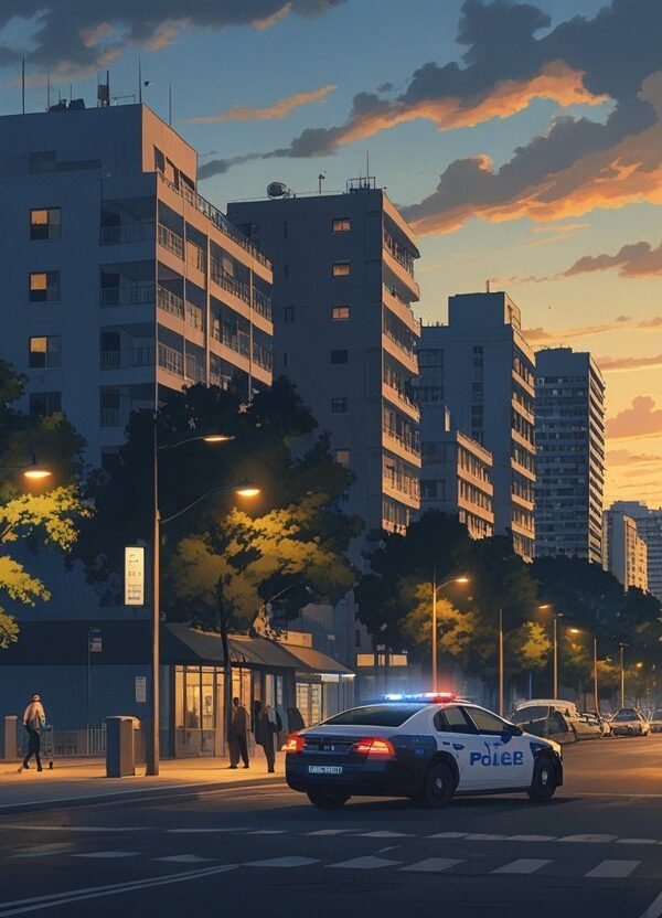 Cena da cidade de Nova Iguaçu ao entardecer, mostrando ruas, prédios residenciais, pessoas caminhando e um carro de polícia estacionado, transmitindo uma sensação de cautela.