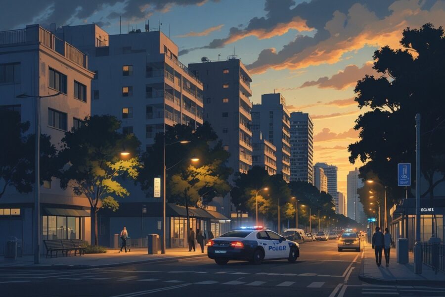 Cena da cidade de Nova Iguaçu ao entardecer, mostrando ruas, prédios residenciais, pessoas caminhando e um carro de polícia estacionado, transmitindo uma sensação de cautela.