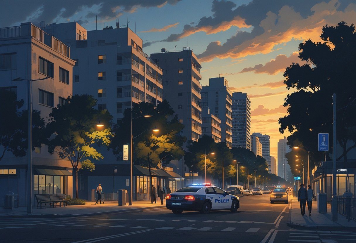 Cena da cidade de Nova Iguaçu ao entardecer, mostrando ruas, prédios residenciais, pessoas caminhando e um carro de polícia estacionado, transmitindo uma sensação de cautela.