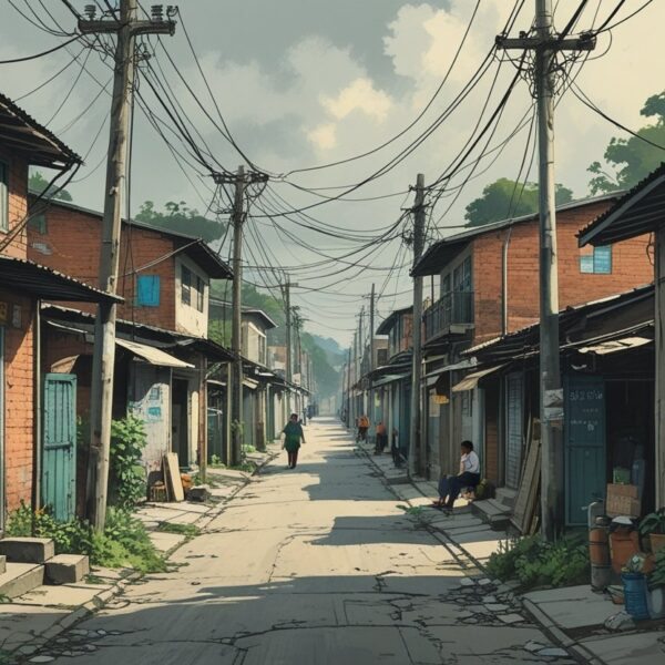 Rua estreita em bairro modesto de Osasco com casas simples, pessoas caminhando e fios elétricos suspensos.