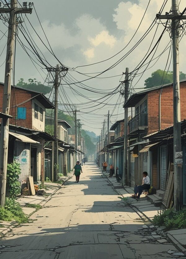 Rua estreita em bairro modesto de Osasco com casas simples, pessoas caminhando e fios elétricos suspensos.