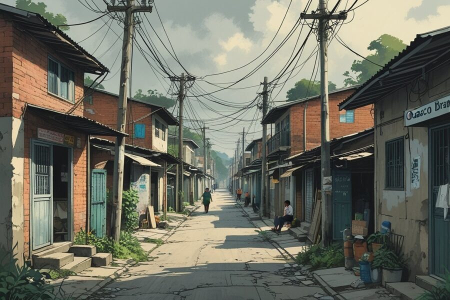 Rua estreita em bairro modesto de Osasco com casas simples, pessoas caminhando e fios elétricos suspensos.