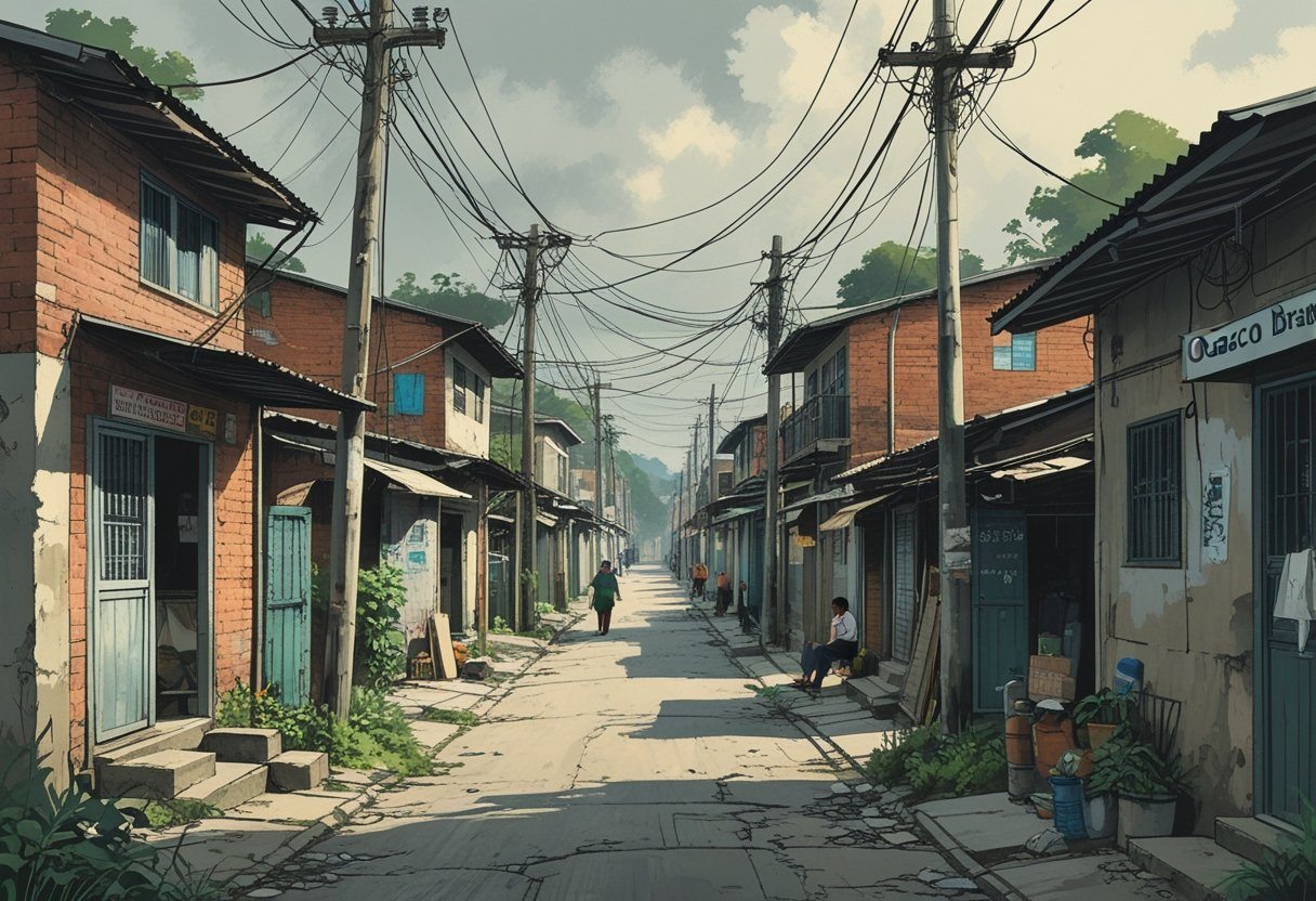 Rua estreita em bairro modesto de Osasco com casas simples, pessoas caminhando e fios elétricos suspensos.