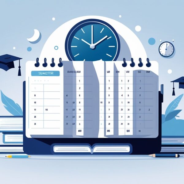 Calendário aberto mostrando seis meses consecutivos com números dos dias, acompanhado de um relógio e ícones de estudo como livros e um capelo de formatura.