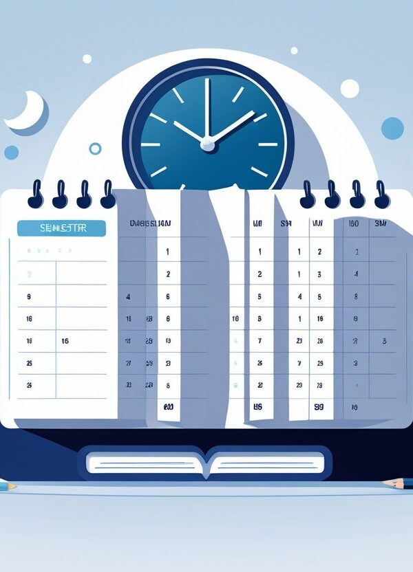Calendário aberto mostrando seis meses consecutivos com números dos dias, acompanhado de um relógio e ícones de estudo como livros e um capelo de formatura.