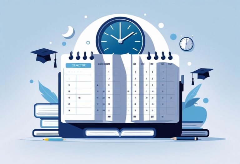 Calendário aberto mostrando seis meses consecutivos com números dos dias, acompanhado de um relógio e ícones de estudo como livros e um capelo de formatura.