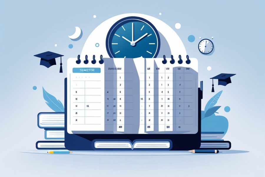 Calendário aberto mostrando seis meses consecutivos com números dos dias, acompanhado de um relógio e ícones de estudo como livros e um capelo de formatura.