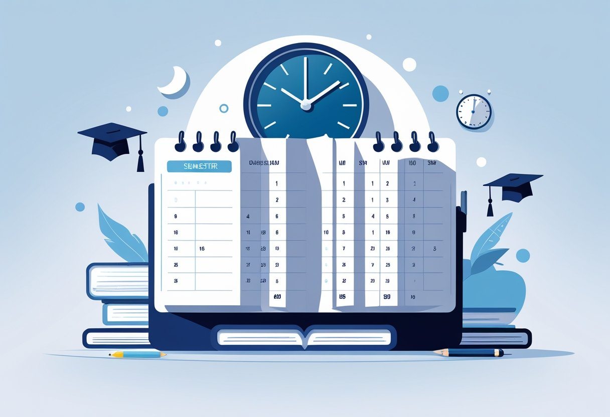 Calendário aberto mostrando seis meses consecutivos com números dos dias, acompanhado de um relógio e ícones de estudo como livros e um capelo de formatura.