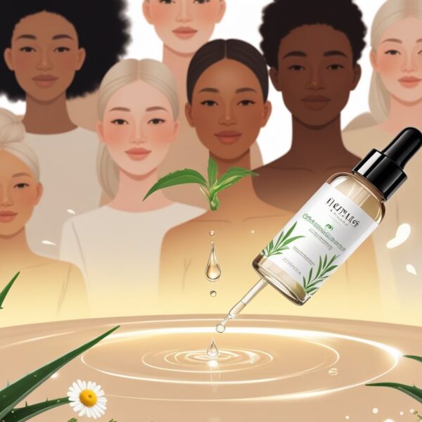 Pessoas com pele clara e radiante, com uma gota de produto de cuidados com a pele sendo aplicada sobre a pele, cercadas por elementos naturais.