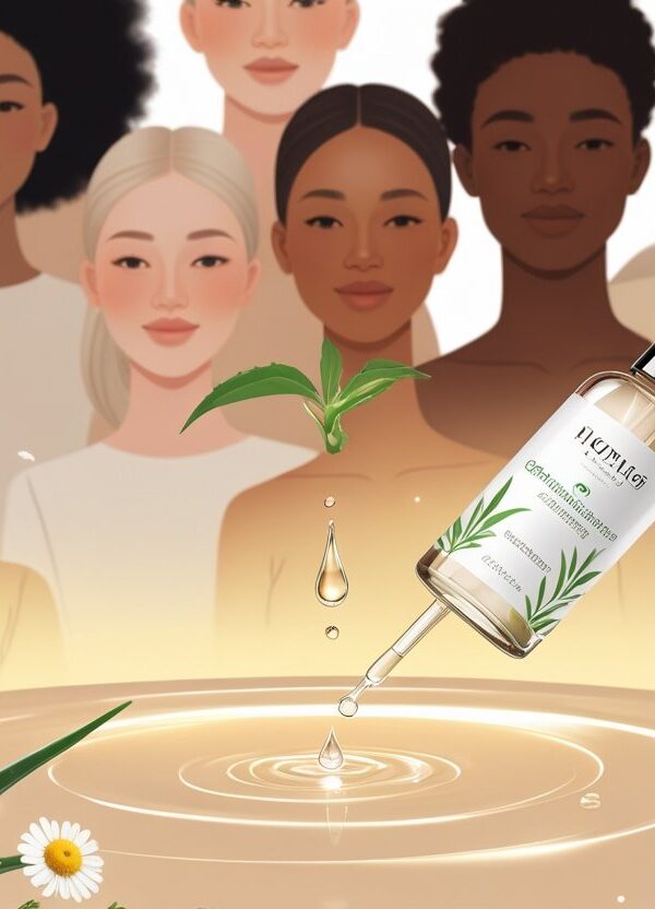 Pessoas com pele clara e radiante, com uma gota de produto de cuidados com a pele sendo aplicada sobre a pele, cercadas por elementos naturais.