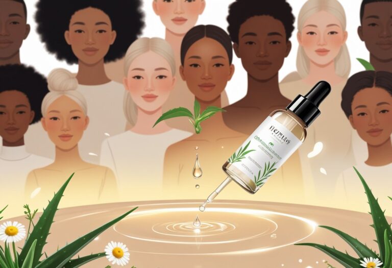 Pessoas com pele clara e radiante, com uma gota de produto de cuidados com a pele sendo aplicada sobre a pele, cercadas por elementos naturais.