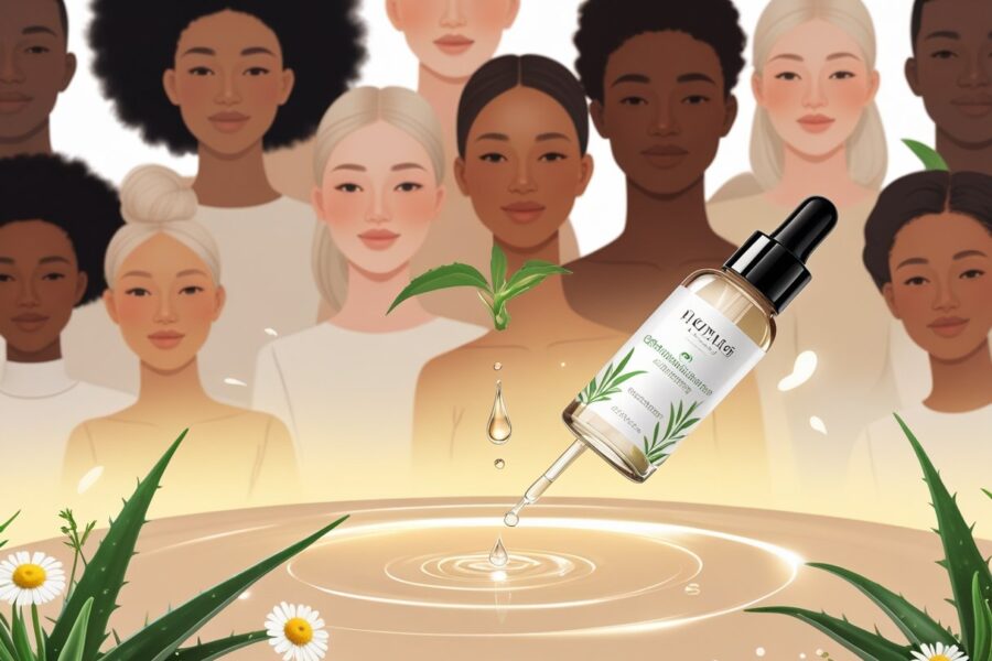 Pessoas com pele clara e radiante, com uma gota de produto de cuidados com a pele sendo aplicada sobre a pele, cercadas por elementos naturais.