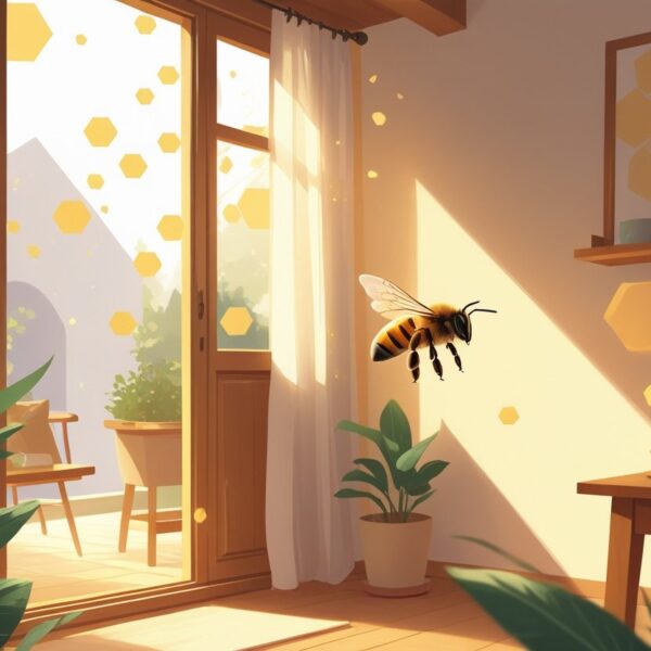 Um interior de casa aconchegante com um abelha voando perto da janela, transmitindo uma sensação de harmonia e prosperidade.